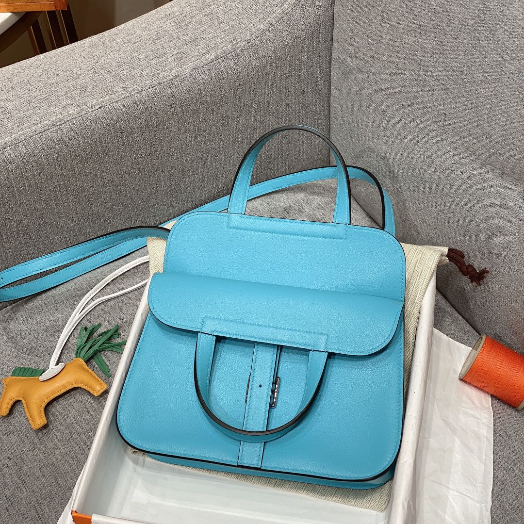 Hermes Mini Halzan 22 Handbag Shoulder Bag In Blue Atoll Swift Leather